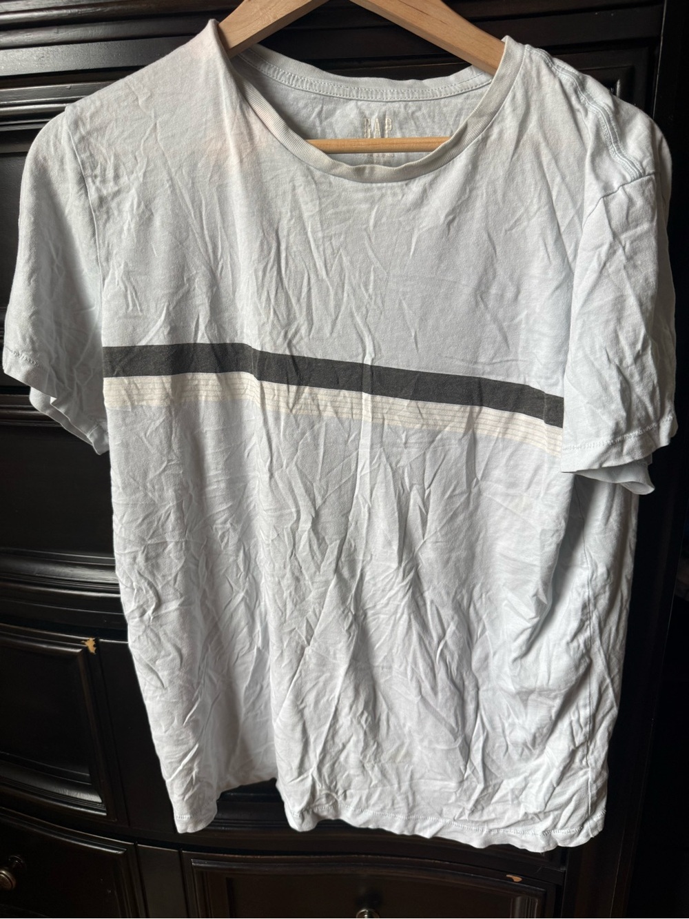 GAP White Short-Sleeve Crewneck Tee with Black and Cream Chest Stripes